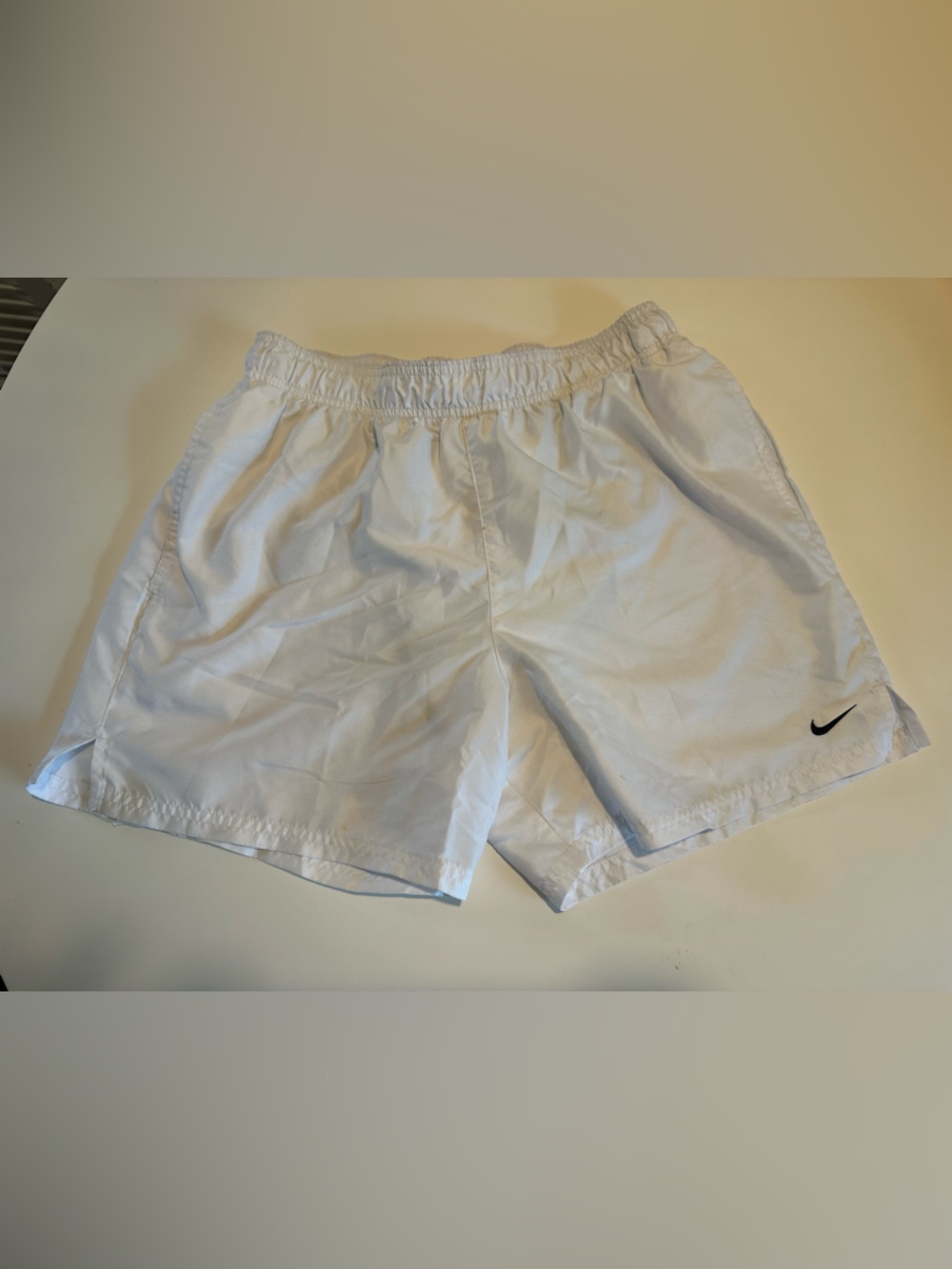 Nike White Athletic Shorts with Black Swoosh Swim Trunks Size M